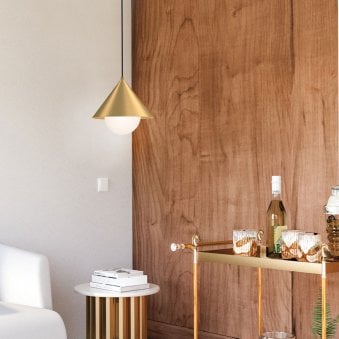 Remyck Single Drop Pendant in Brushed Gold with Opal Glass Diffuser