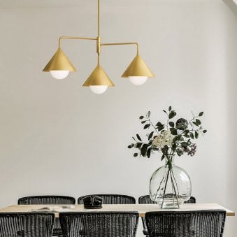 Remyck Three Arm Pendant Chandelier in Brushed Gold with Opal Glass Diffusers