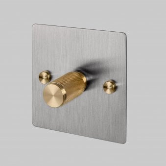 One Gang 2-Way Dimmer Light Switch in Steel & Brass with Knurled Knob