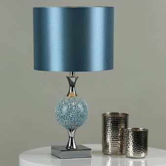Elsa Table Lamp In Polished Chrome & Blue Mosaic With Blue Faux Silk Shade
