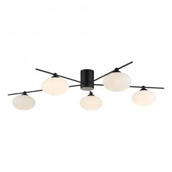 Jasper 5 Light Semi Flush Ceiling Light In Matt Black With Opal Glass Shades