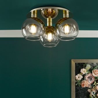 Lycia 3 Light Semi Flush Ceiling Light In Gold With Ombre Gold Glass Shades