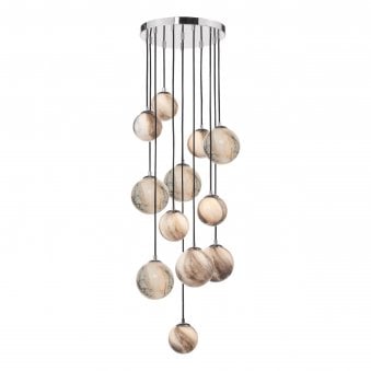 Mikara 12 Light Cluster Pendant In Polished Chrome With Marble Effect Glass Shades