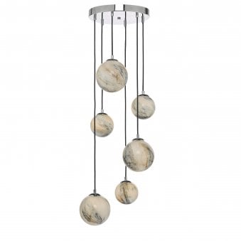Mikara 6 Light Cluster Pendant In Polished Chrome With Marble Effect Glass Shades