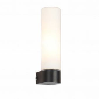 Tasso IP44 Single Bathroom Wall Light In Satin Black With Opal Glass Shade