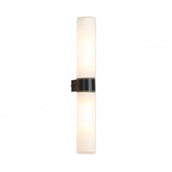 Tasso IP44 Twin Bathroom Wall Light In Satin Black With Opal Glass Shades