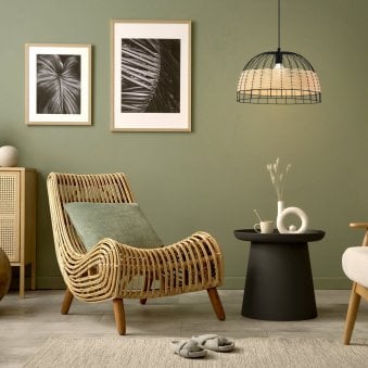 Anwick 500mm Black Metal Frame Pendant with Natural Woven Rattan Strips