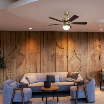 Cadiz Ceiling Fan & Light in Aged Brass with Reversible MDF Walnut-Coloured or Oak-Coloured Blades