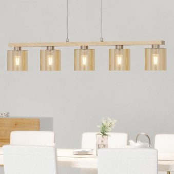 Castralvo Five Lamp Linear Pendant in Wood with Amber Glass Shades