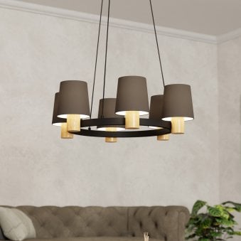 Edale 700mm Six Lamp Pendant in Black with Wood Detailing and Cappuccino Shades