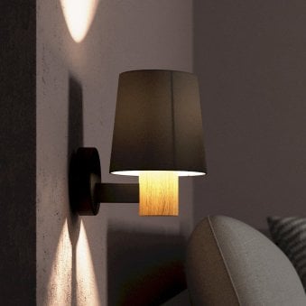 Edale Wall Light in Black with Wood Detailing and Cappuccino Shade