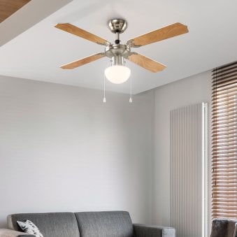 Feldkirch Ceiling Fan & Light in Satin Nickel with Reversible Wood or White Coloured Blades