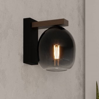 Filago Wall Light in Black with Wooden Bar & Glass Shade