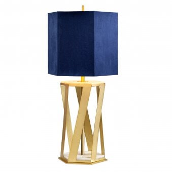 Apollo Table Lamp in Brushed Brass with Navy Blue Faux Suede Hexagonal Shade