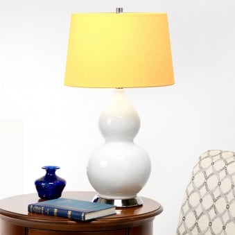 Isla Table Lamp in White with Polished Nickel Metalwork and Celandine Yellow Shade