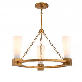 Kristy Three Lamp Chandelier in Distressed Gold with Opal Glass Diffusers