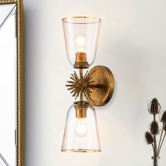 Staring Up and Down Wall Light in Distressed Gold with Clear Glass Diffusers