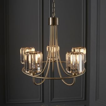 Berenice Five Light Pendant in Antique Brass with Clear Cut Faceted Glass