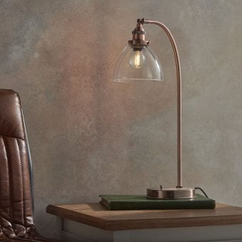 Hansen Task Table Lamp in Aged Copper and Clear Glass Shade