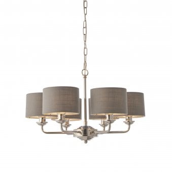 Highclere Six Arm Pendant in Nickel with Charcoal Shades