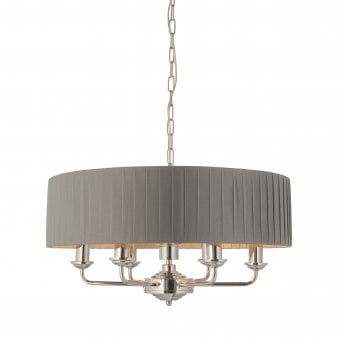 Highclere Six Light Pendant in Nickel with Pleated Charcoal Shade