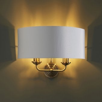 Highclere Twin Lamp Wall Light in Antique Brass with Vintage White Shade