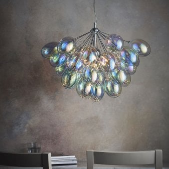 Infinity Six Light Pendant in Chrome with Iridescent Glass Shades