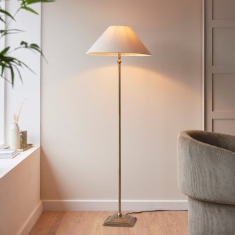 Lille Floor Lamp in Antique Brass with Tapered Natural Linen Shade