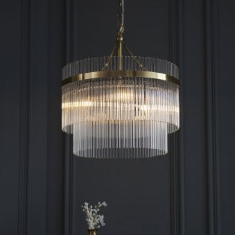 Marietta Three Light Pendant Chandelier in Antique Brass with Clear Glass Rods