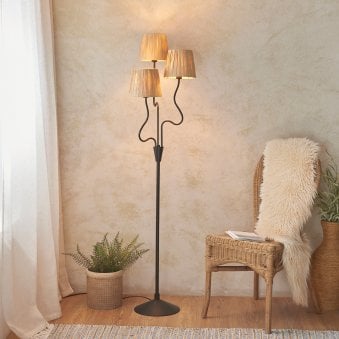 Wriggle Floor Lamp in Matt Black with Wrapped Raffia Shades