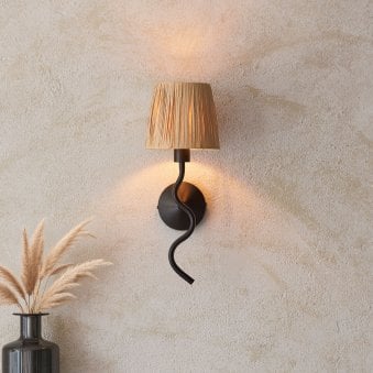 Wriggle Wall Light in Matt Black with A Wrapped Raffia Shade 