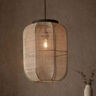 Zaire Handmade Medium Pendant in Wood and Natural Linen