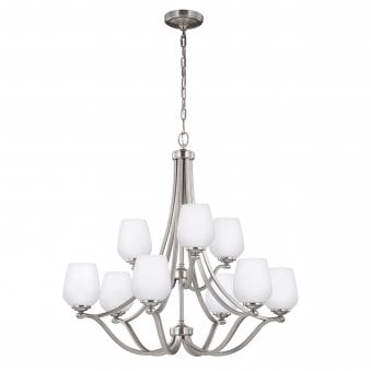 Vintner Nine Light Chandelier in Satin Nickel and Opal Etched Glass Shades