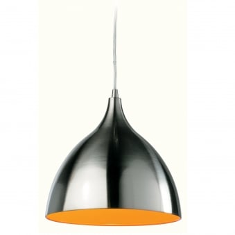 Cafe Brushed Steel Pendant with Orange Inner Shade