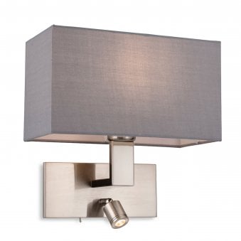 Raffles Wall Light with LED Reader in Brushed Steel with Rectangular Grey Shade