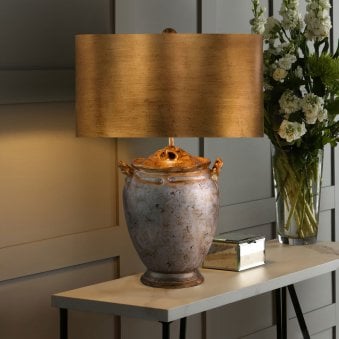 Jackson Table Lamp in Antiqued Silver with Gold Leaf Accents and Distressed Gold Shade