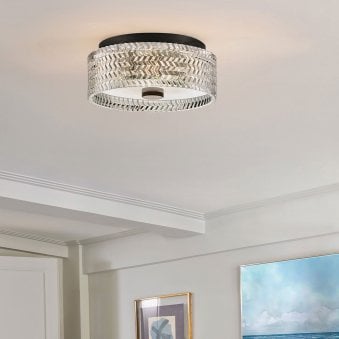 Elle Small Flush Ceiling Light in Black with Clear Chevron & Etched Lens Glass