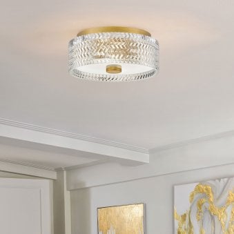 Elle Small Flush Ceiling Light in Heritage Brass with Clear Chevron & Etched Lens Glass
