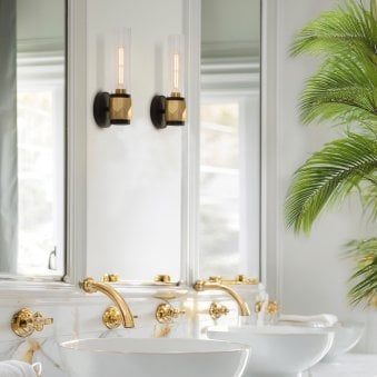 Ellison IP44 Single Wall Light in Black with Heritage Brass and Clear Class