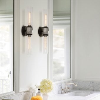 Ellison IP44 Twin Wall Light in Black with Brushed Nickel and Clear Class