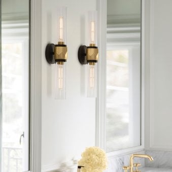 Ellison IP44 Twin Wall Light in Black with Heritage Brass and Clear Class