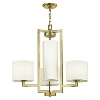 Hampton Chandelier in Brushed Brass with Off White Linen Shades