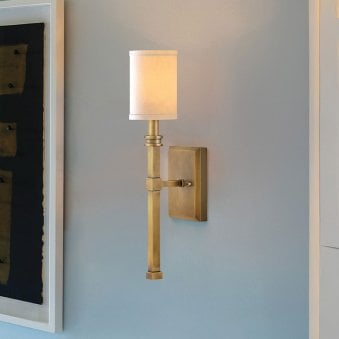 Moore Single Wall Light in Heritage Brass with Ivory Linen Shade