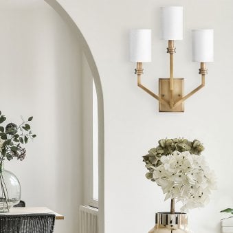 Moore Triple Arm Wall Light in Heritage Brass with Ivory Linen Shades
