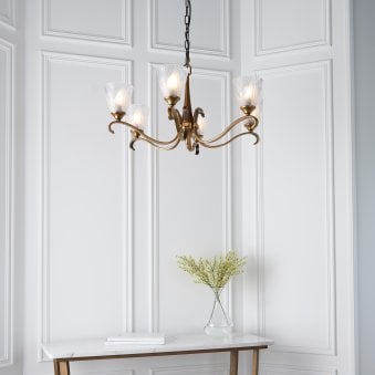 Columbia Six Light Pendant In Antique Brass With Glass Shades