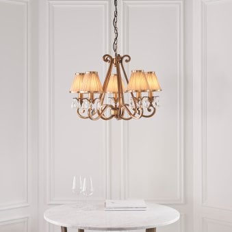 Oksana Five Light Pendant In Antique Brass With Beige Fabric Shades