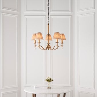 Stanford Five Light Pendant In Antique Brass With Beige Fabric Shades
