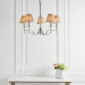 Stanford Five Light Pendant In Polished Nickel With Beige Fabric Shades