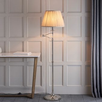 Stanford Swing Arm Floor Lamp In Polished Nickel With Beige Fabric Shade