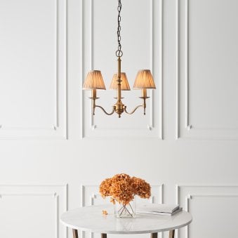 Stanford Three Light Pendant In Antique Brass With Beige Fabric Shades